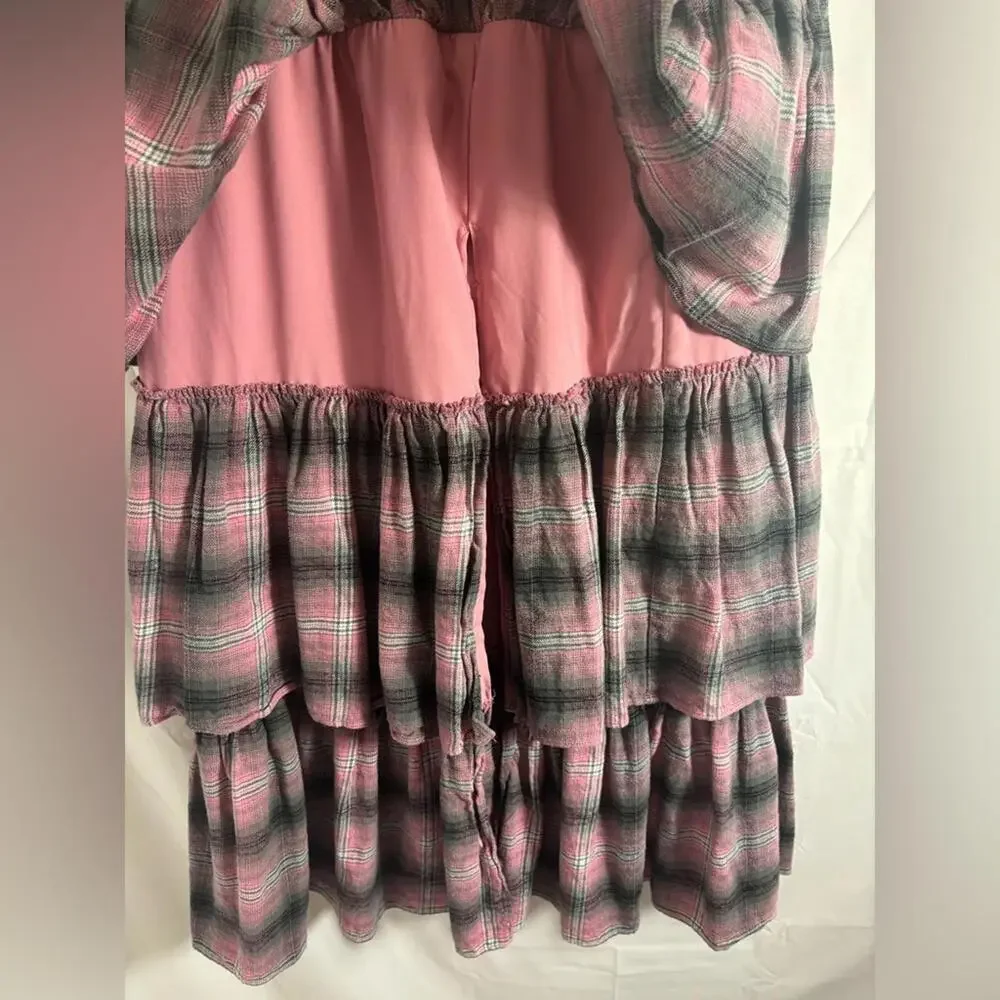 Revolve LIKELY Grey Pink Plaid Ruched Tiered 90’s Babydoll Grunge Midi Skirt M/L